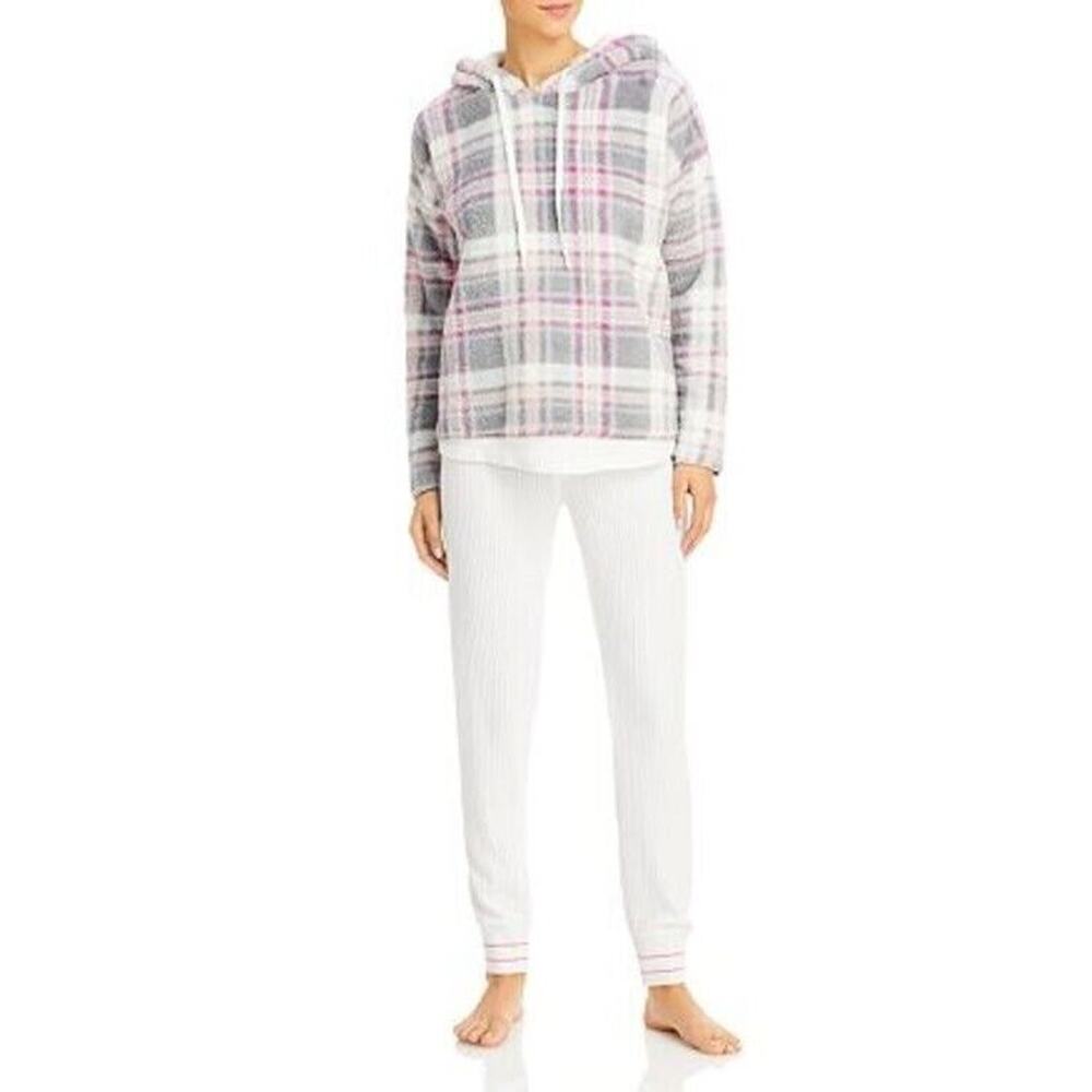 Aqua Women Ivory Plaid Cozy Hoodie / Thermal Pants Lounge Pajamas Set Size M